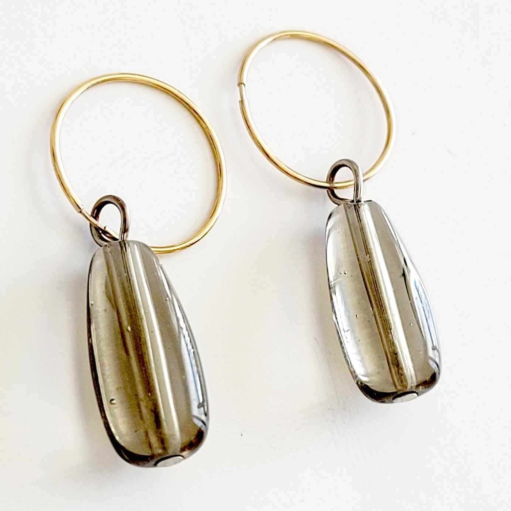 Vintage Smokey Quartz Teardrop Shaped Gold Toned Earrings